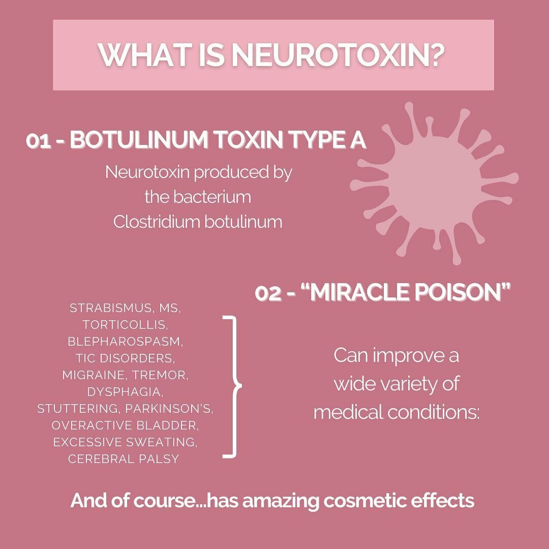 What is Neurotoxin? Infographic: 01- Botulinum Toxin Type A - Neurotoxin produced by the bacterium Clostiridium botulinum. 02- 'Miracle Poison' Can improve a wide variety of medical conditions: Strabismus, Ms, Torticollis, Blepharospasm, Tic disorders, Migraine, Tremor, Dysphagia, Stuttering, Parkinson's, Overactive Bladder, Excessive sweating, Cerebral Palsy. And of course... has amazing cosmetic effects.