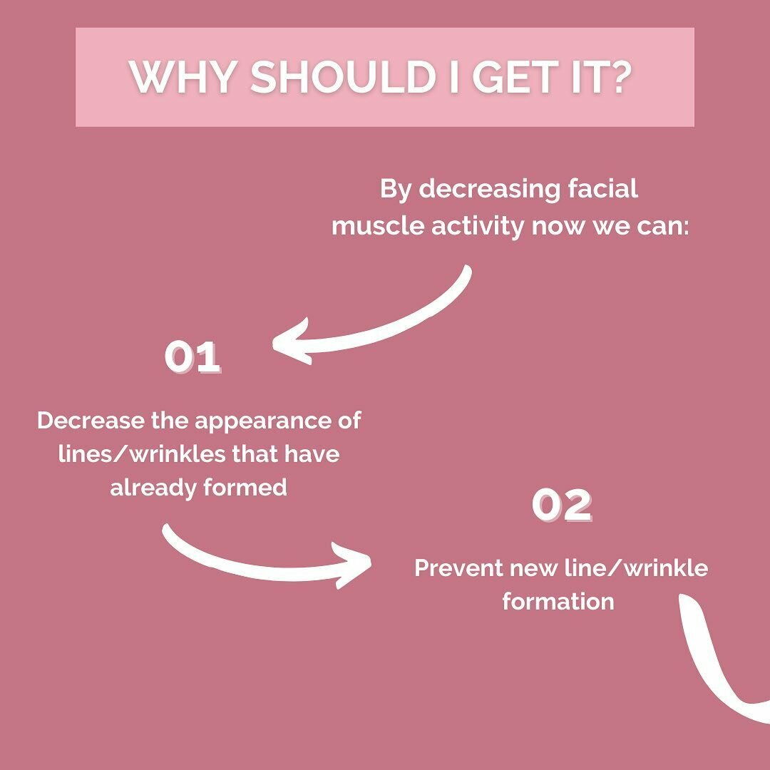 Why Should I get it? - By decreasing facial muscle activity now we can: 01 Decrease the appearance of lines/wrinkles that have already formed, 02 Prevent new line/wrinkle formation.