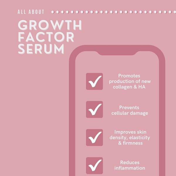 Growth factor serum facts with checkboxes. Promotes production of new collagen & HA, Prevents cellular damage, Improves skin density, elasticity & firmness, Reduces inflammation.